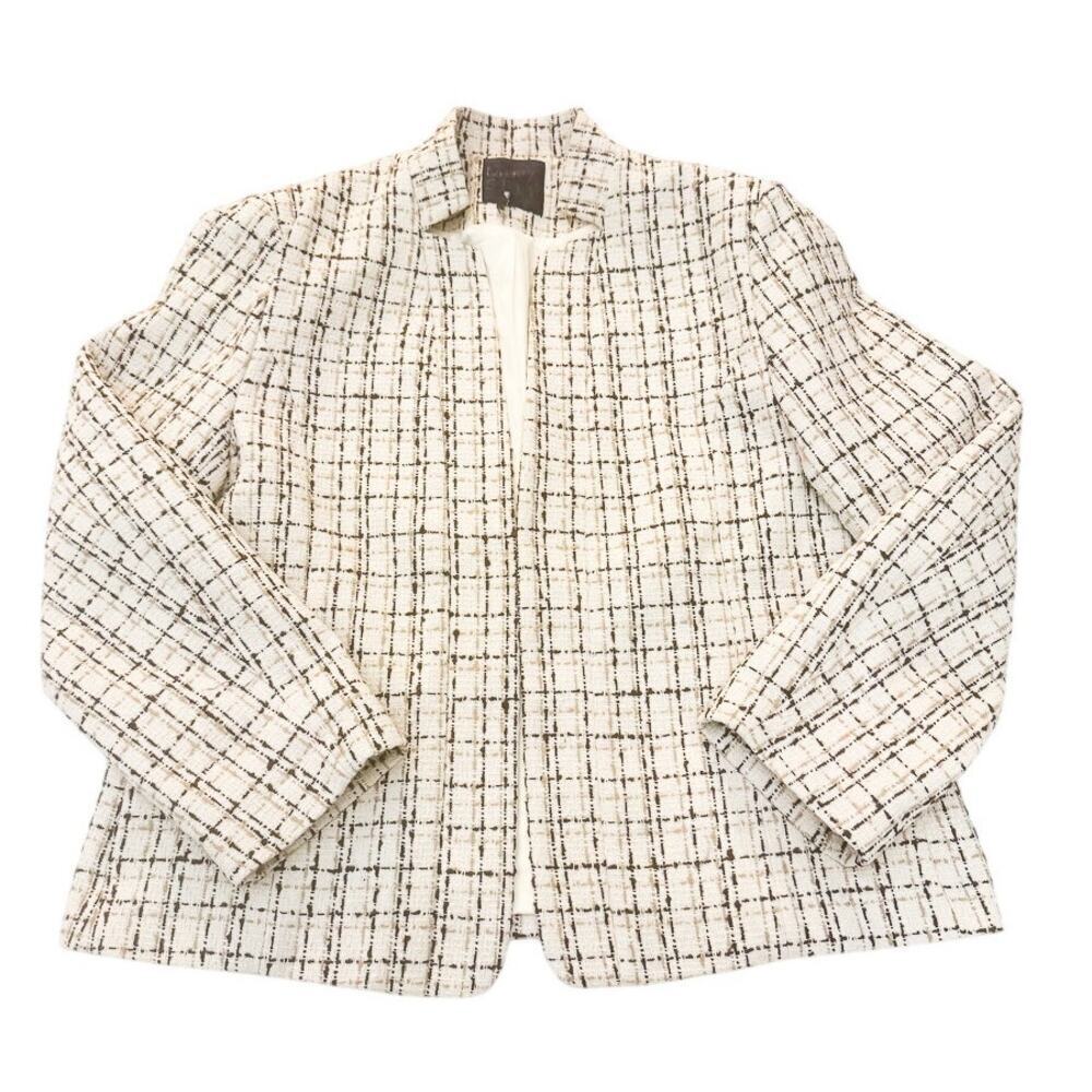 Mina Self Composition Tweed Plaid Lined Cream Open Blazer XL